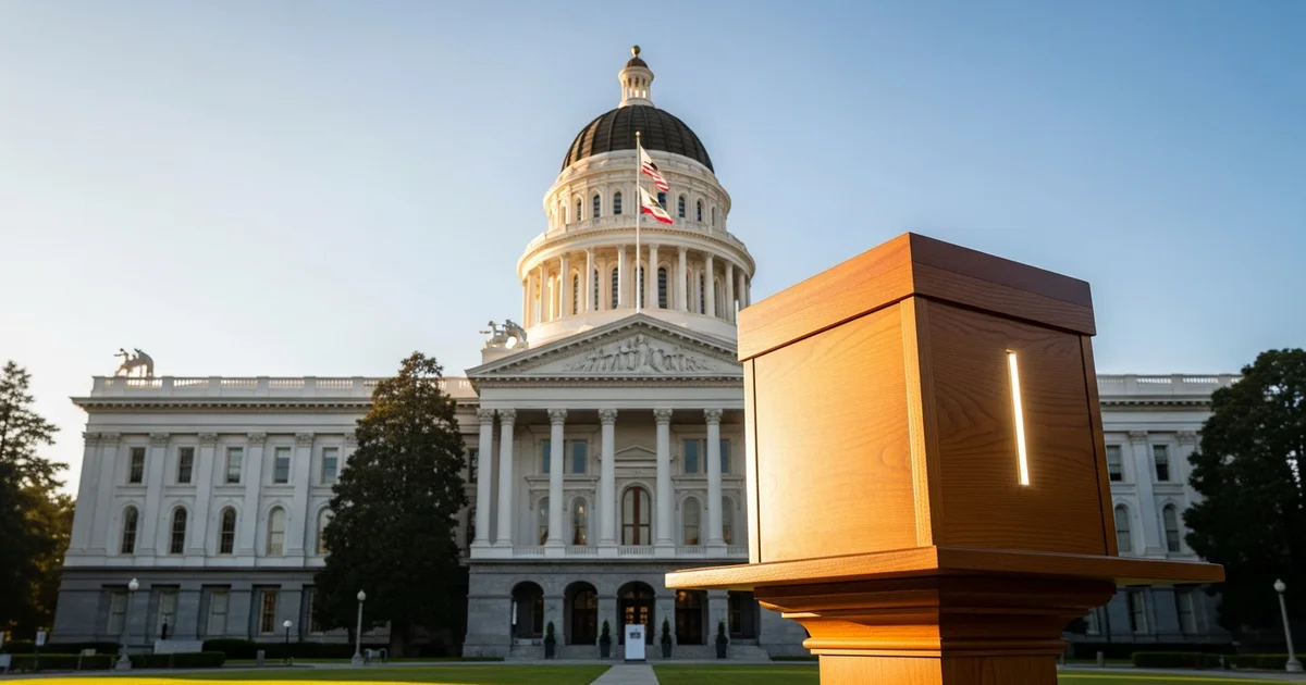 A wooden ballot drop box stands on the grounds of the California State Capitol building in Sacramento. A wooden ballot drop box stands on the grounds of the California State Capitol building in Sacramento.