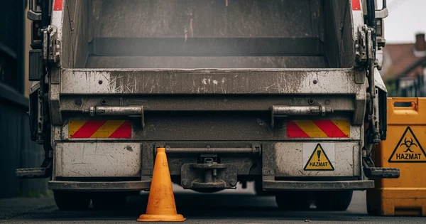 A waste disposal truck and container marked with hazardous material warning signs sit parked on a city street.