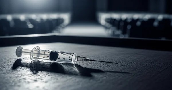 A medical syringe rests on a podium in an empty auditorium as public health remains a focal point of national policy discussions.