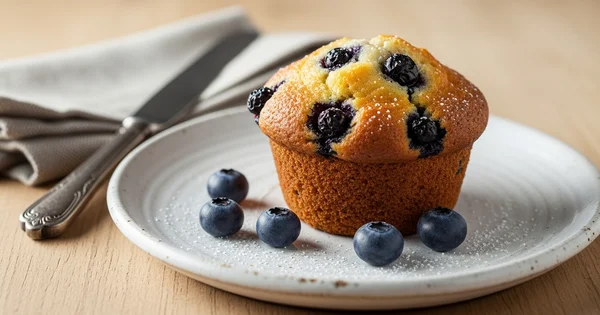 A blueberry muffin sits on a plate with fresh blueberries.