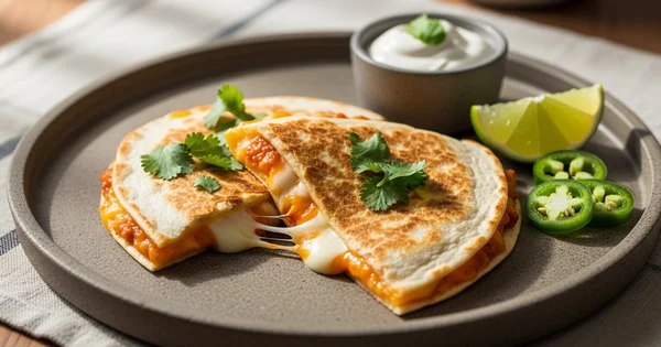 Quesadillas with cheese and sauce are served with sour cream, jalapenos, and lime.