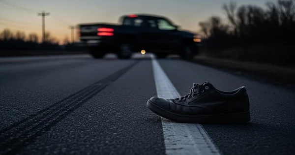 A shoe sits in the road with skid marks and a truck in the background.