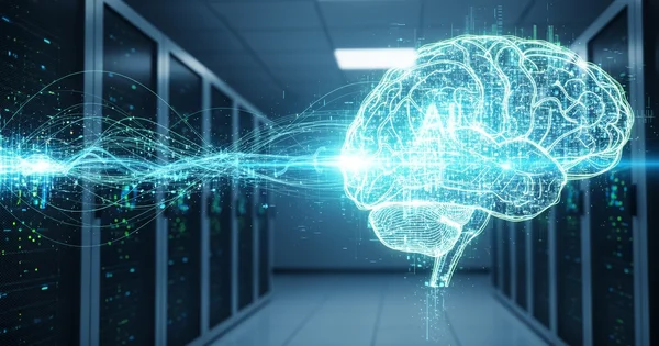An illustration depicts the integration of artificial intelligence with a modern server data center.