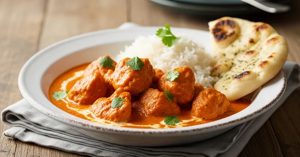 A plate of butter chicken with rice and naan is served on a wooden table.