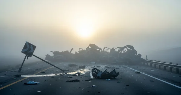 Wreckage blocks a highway covered in dense fog.