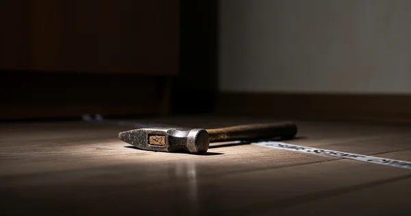 A hammer lies on a wooden floor behind crime scene tape during an investigation.