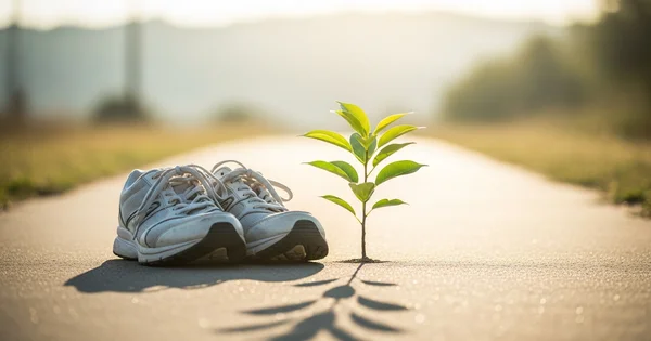 A pair of sneakers sits next to a young tree growing out of a path.
