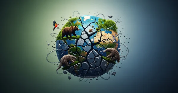 A cracked Earth is depicted with various animals clinging to the surface.
