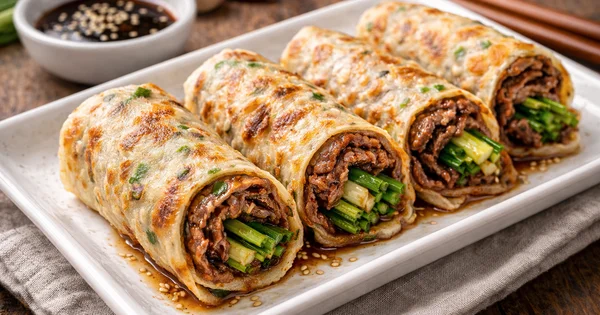 Four beef rolls with scallions are served on a white plate with a small bowl of sauce.