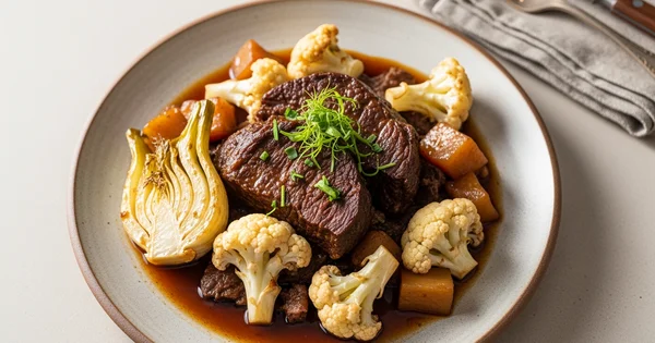 A plate of braised beef with cauliflower and fennel is presented.