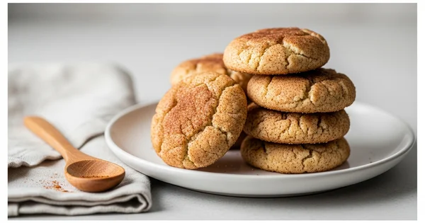 A stack of snickerdoodle cookies sits on a white plate next to a wooden spoon.