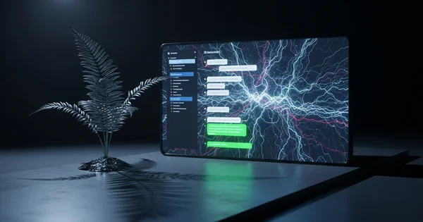 A screen displays a messaging app next to a metallic plant.