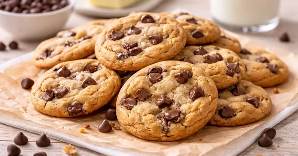 A stack of chocolate chip cookies is displayed with a glass of milk and butter.