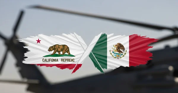 Graphic representations of the California and Mexican flags are shown in front of a blurred military helicopter.