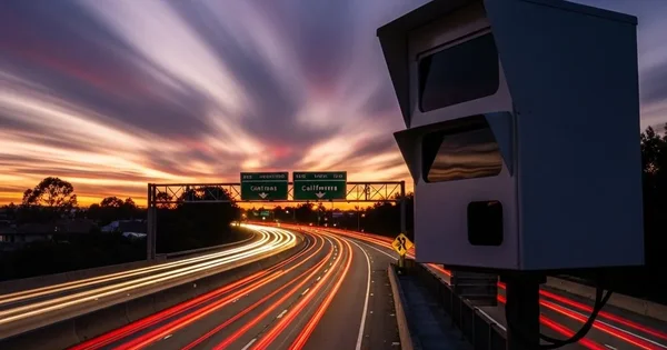 A speed camera monitors highway traffic at sunset.