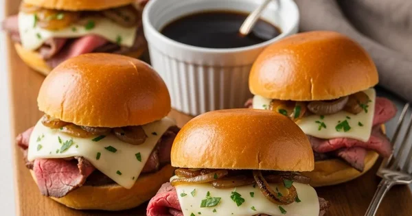 Roast beef sliders with cheese and onions are displayed on a wooden board.