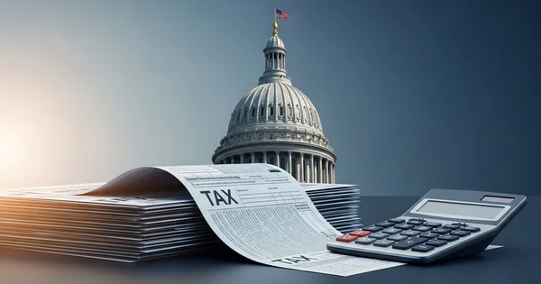 Stack of tax forms sits in front of the U.S. Capitol building.