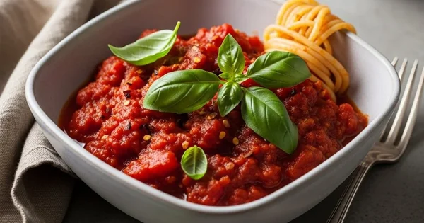A bowl of spaghetti with tomato sauce and basil is ready to be served.