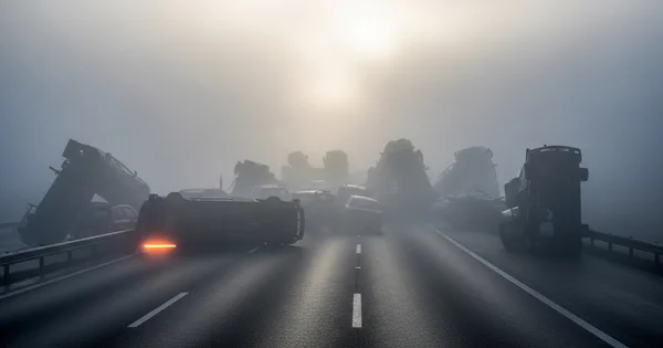 Multiple vehicles are overturned in a massive highway pileup as thick fog severely reduces visibility.