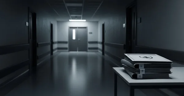 Medical records sit on a table in a hospital hallway.