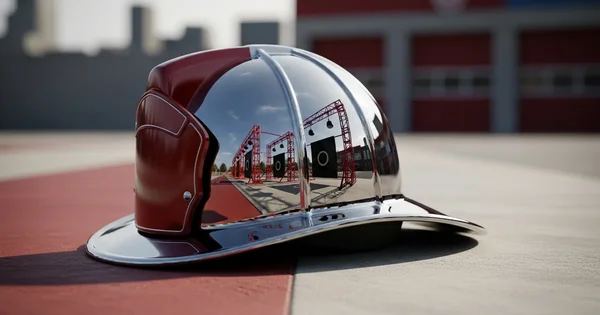 A firefighter's helmet rests on the ground, reflecting a training course.