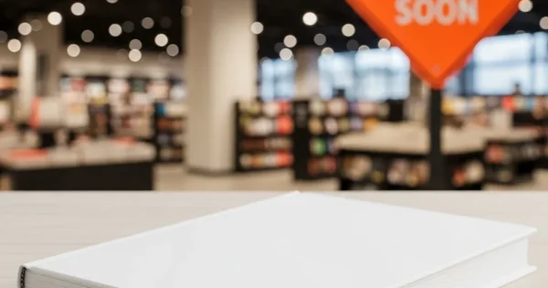 A blank book sits on a table in a bookstore with a 'Coming Soon' sign in the background.