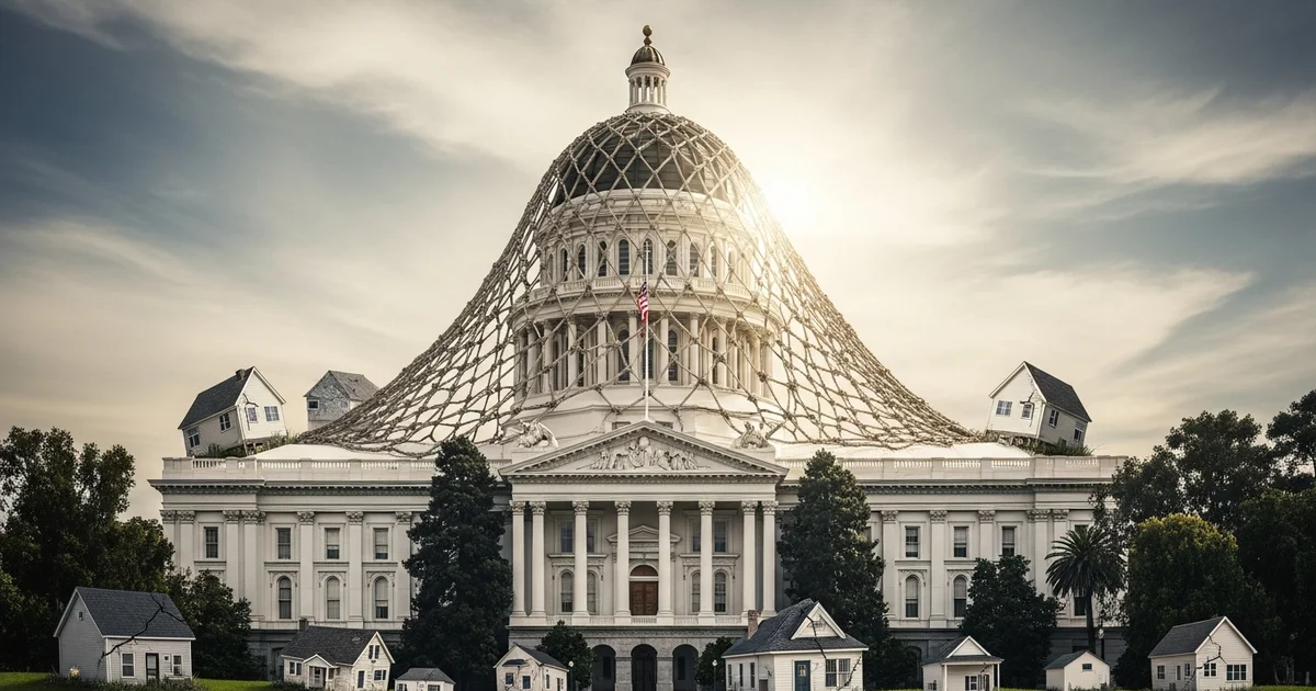 A conceptual illustration depicts the California State Capitol building draped in a large net and surrounded by small houses. A conceptual illustration depicts the California State Capitol building draped in a large net and surrounded by small houses.