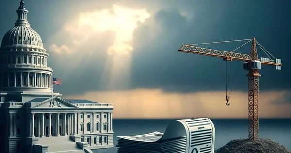 The image shows a miniature U.S. Capitol building next to a stack of printed papers and a construction crane.