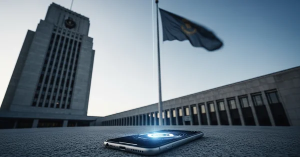 A smartphone displays a glowing target graphic in front of a government building and flag.