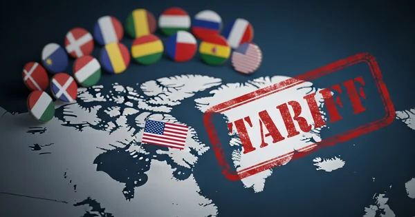 Image depicts a world map with country flag pins and a red "TARIFF" stamp.