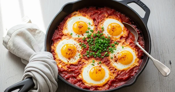 Shakshuka with eggs simmers in a pan on a table.