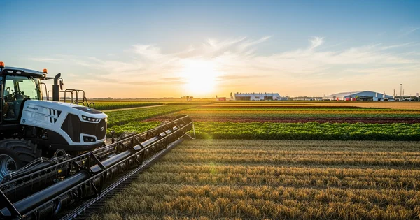 A modern harvester stands in a field of diverse crops as the sun sets over a large-scale agricultural facility.