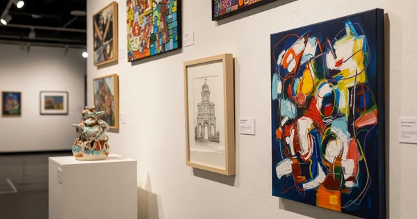 Artwork is displayed at a gallery opening.