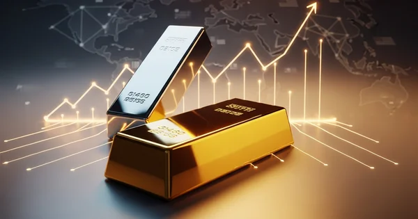 Gold bars are seen with an upward trending graph in the background.