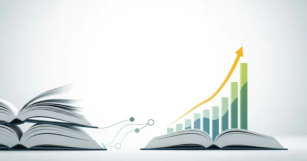 An open book displays a rising financial graph.