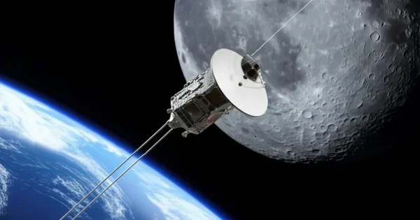 A satellite orbits Earth with the Moon in the background.