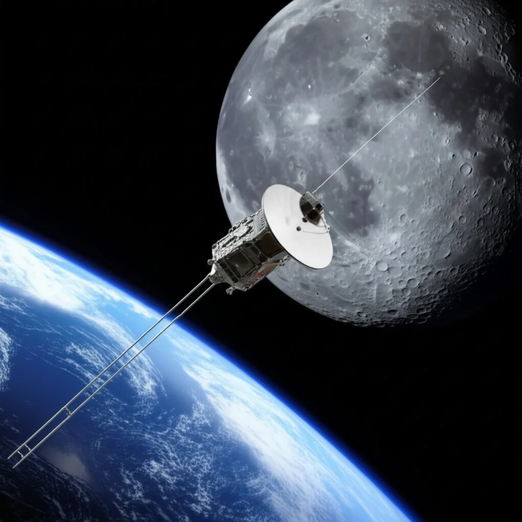 A satellite orbits Earth with the Moon in the background. A satellite orbits Earth with the Moon in the background.