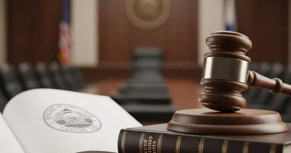 Gavel rests on law books in a courtroom setting.