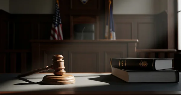 A gavel and law books sit on a table in a courtroom.