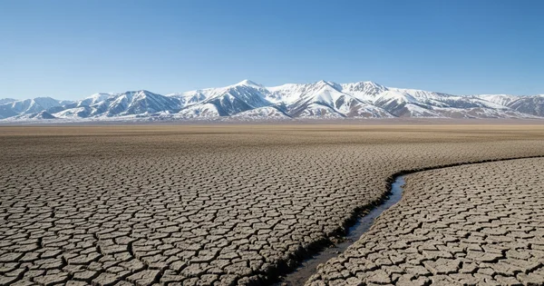 A small stream of water flows through the cracked earth of a dry lake bed beneath snow-capped mountains.