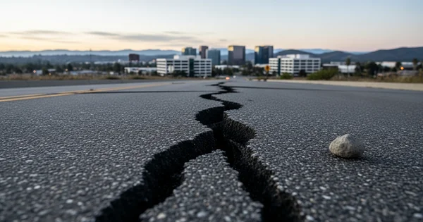 A large fissure splits an asphalt road leading toward a city's business district.