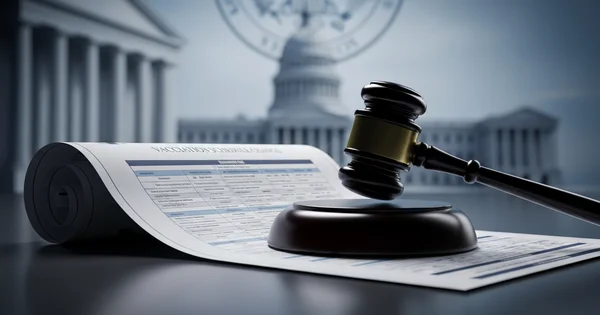 A gavel rests on a document labeled "Vaccination Schedule Changes," with a government building in the background.