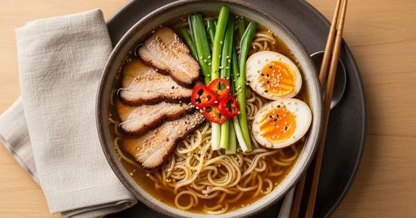 Overhead shot shows a bowl of ramen with pork, eggs, green onions, and chili peppers.