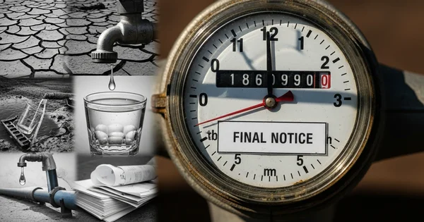 A water meter displays a "final notice" sticker amid images illustrating water scarcity and the financial burden of unpaid utility bills.