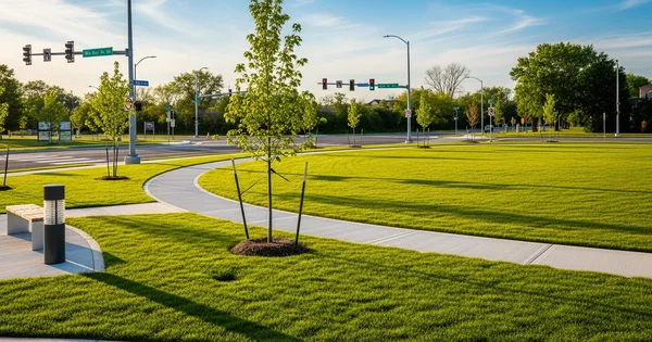 A landscaped median features a walking path and newly planted trees.
