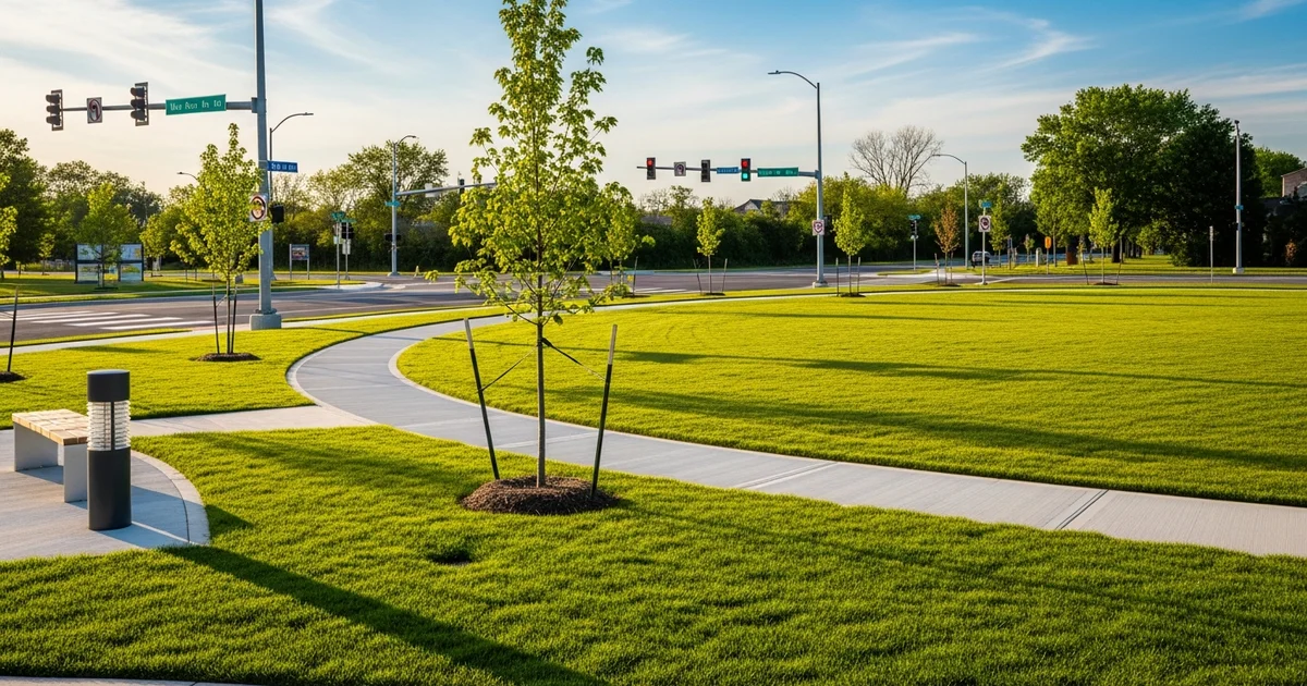 A landscaped median features a walking path and newly planted trees. A landscaped median features a walking path and newly planted trees.