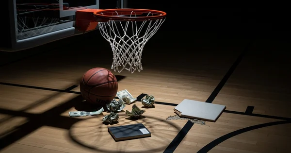 A basketball and crumpled money sit on a basketball court next to a broken tile.