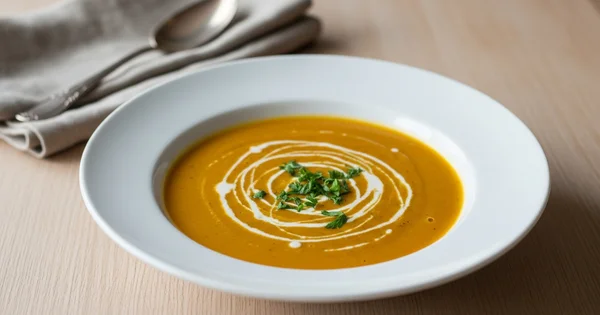 A bowl of pumpkin soup is garnished with cream and parsley.