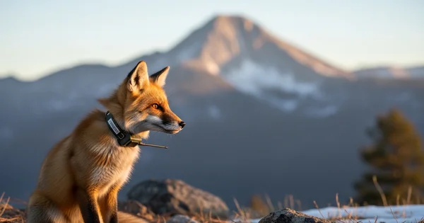 A red fox wearing a wildlife tracking collar sits on a rocky ridge with a mountain peak in the background.