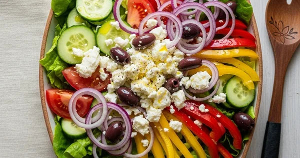 A Greek salad is served in a bowl with a wooden serving spoon.